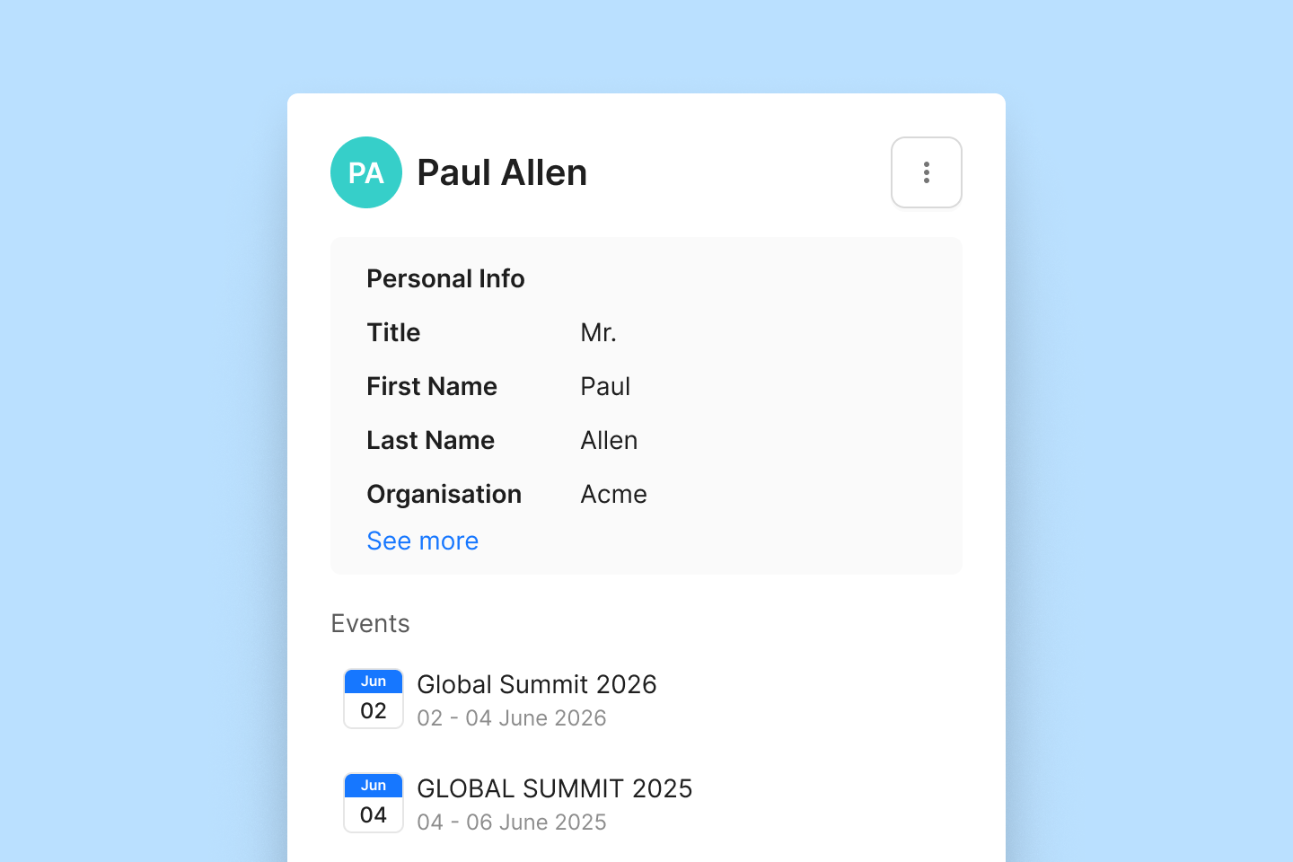 Person record showing unified attendee history across events
